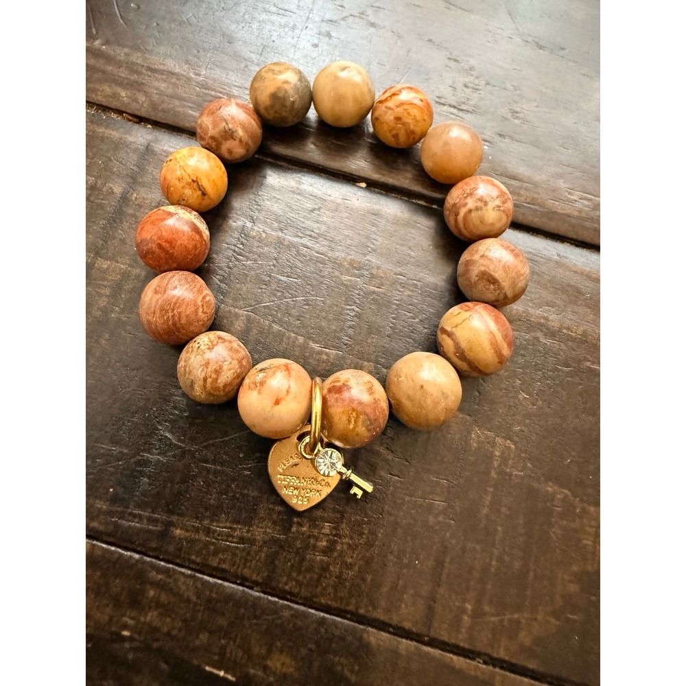 Jasper Stone Bead Stretch Bracelet Gold Heart Key Charm 925 Sterling‎